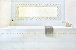 BATHROOM - AKDO SIGNATURE GLASS POWDER BLUE 3X6, HEAVENLY BLEND SQUARE MOSIAC, CARRARA 12X24