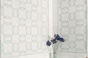 BATHROOM - AKDO THASSOS AZUL CELESTE & MING GREEN ETERNAL MOSAIC, THASSOS AND MING GREEN REVOLVE MOSAIC, THASSOS 3X6, MING GREEN MOLDING