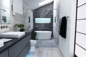 BATHROOM - ANATOLIA ERAMOSA ICE, CARBON LEDGESTONE, BLACK ROUND PEBBLES