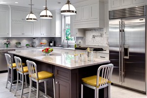 KITCHEN BACKSPLASH - ANATOLIA SOHO WARM GREY 3X6 AND SMALL MARBLE MOSAIC OVER STOVE