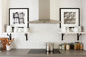 KITCHEN BACKSPLASH - ANATOLIA SOHO WHITE BEVEL 3X6 IN HERRINGBONE PATTERN