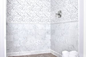 SHOWER - AKDO CARRARA 12X12 (P), LACE CURVE MOSIAC CARRARA AND TURKISH GRAY (P), SAVANAH GRAY HEXAGON (H), CARRARA MOLDINGS